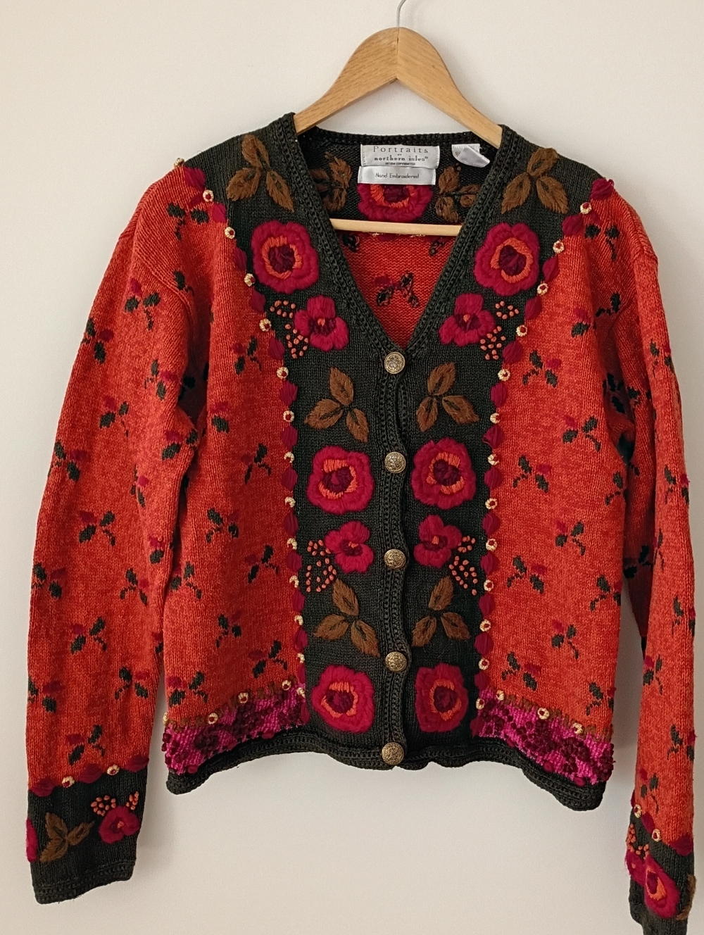 Vintage Northern Isles Hand Knit Floral Embroidered Sweater Cardigan  Bohemian